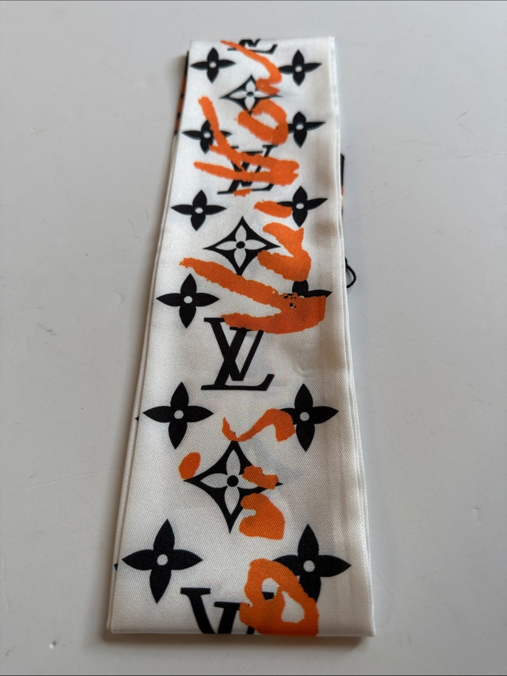 White & Orange Monogram Silk Scarf/Twilly